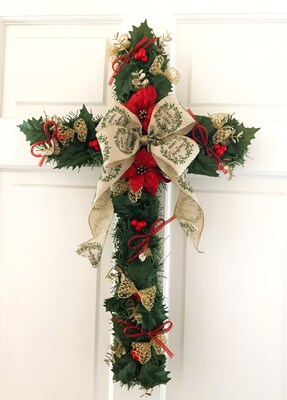 Cross Wreath, Christmas Wreath, Pine Wreath, Winter Wreath, Holiday Wreath, Reason for the Season, Religious, Christ Jesus, Front Door Decor - image2